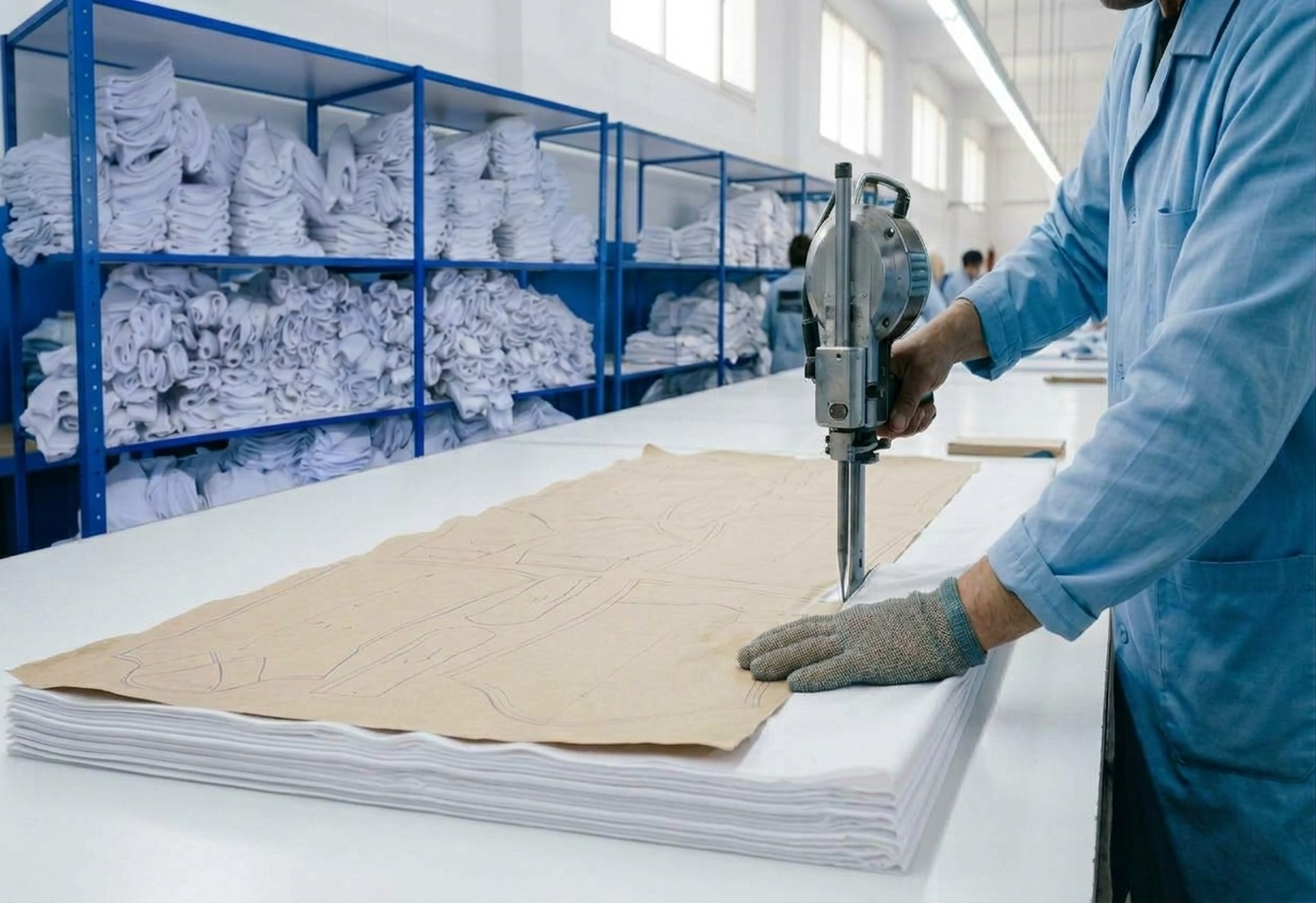 Coupe à la main sur un matelas de tissu blanc